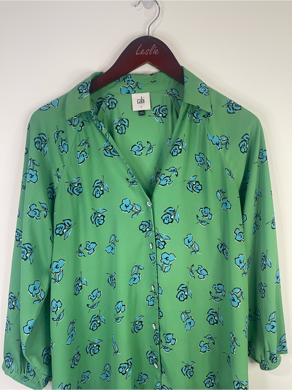 CAbi Green Button-Down Blouse with Blue Floral Print - Picture 5 of 11